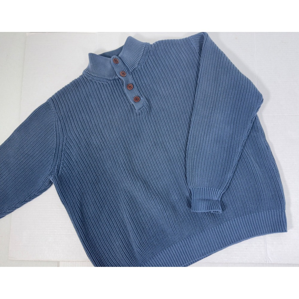 LL Bean Mens Mock Neck Sweater XL Blue Shaker Stitch Preppy Grandpa Core Coastal